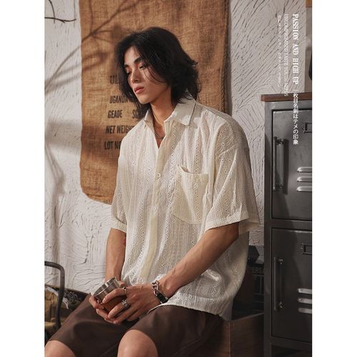 Japanese retro niche design sense hollow short-sleeve shirt for men, summer ethnic style casual cool handsome loose top trendy