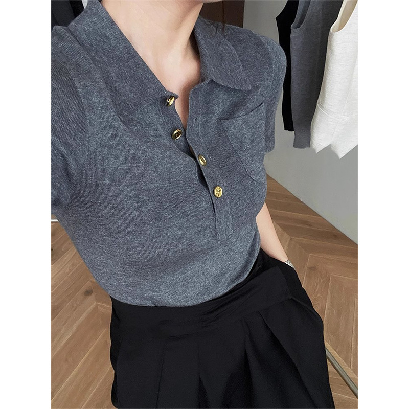 French Polo Collar Grey Short-sleeved Sweater Women's Summer Short High-end Elegant Ice Silk Shoulder T-Shirt Top