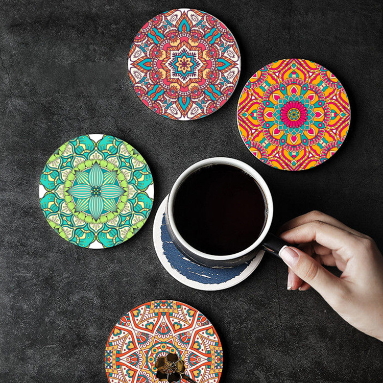 厂家浮雕立体陶瓷吸水杯垫餐垫热转印uv印刷复古软木隔热咖啡垫