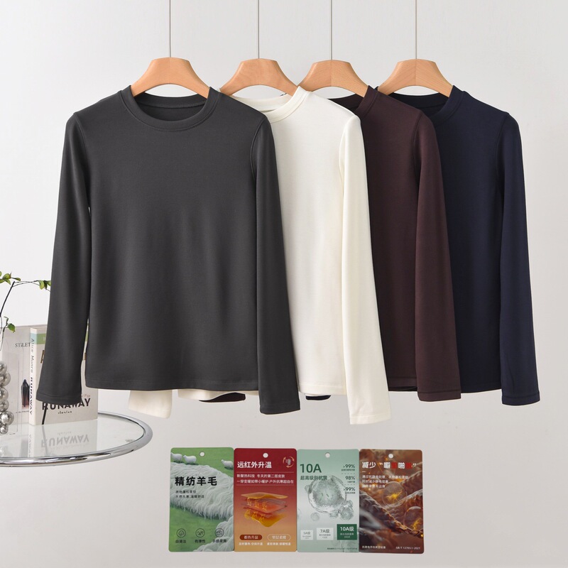 26 Winter Collection Sheep Wool Fleece-Lined Warm Top, Round Neck, Long Sleeve, Solid Color, Slimming, Versatile T-Shirt for Women