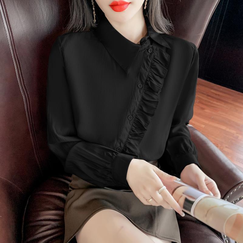 欧货荷叶边长袖衬衫女新款2025年秋款时尚小衫不规则设计感上衣服|undefined