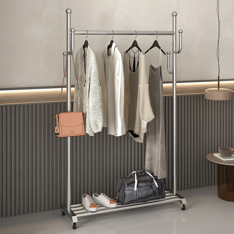 Steel hanger, multi-functional floor clothes rack, silver color, household indoor movable with wheels