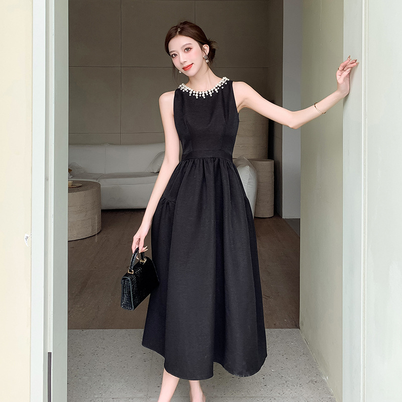 Ai Yixuan Pearl Collar Sleeveless Dress for Women, Waist-Cinching Flared Midi Dress, Elegant Black Party Dress Ai Yixuan Pearl Collar Sleeveless Dress for Women, Waist-Cinching Flared Midi Dress, Elegant Black Party Dress