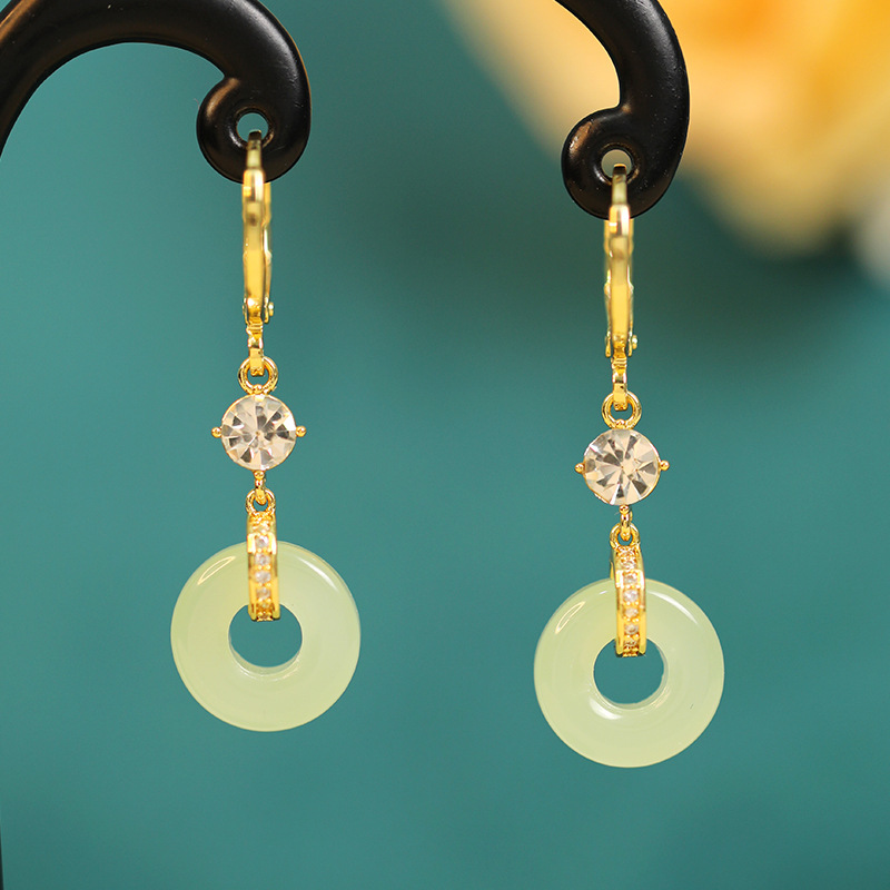 Weidni ancient style safety buckle jade ear hook women's elegant long tassel all-match earrings retro court earrings