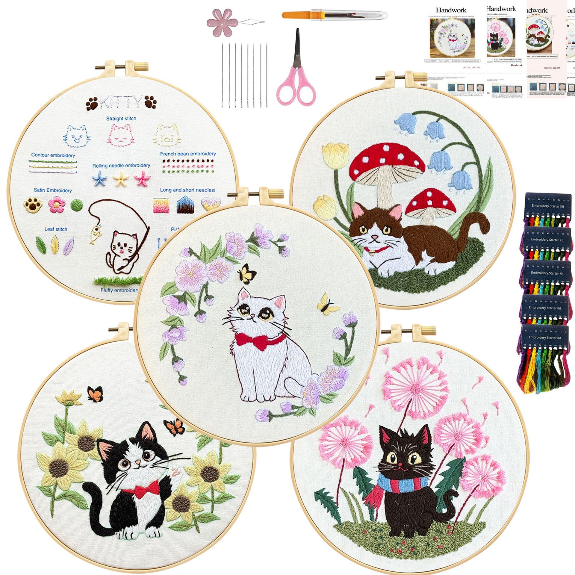 Kit de bordado de gatos Lu bordado novato paquete de materiales básicos diy inglés dibujos animados paquete de ejercicios creativo para niños cuelgan pinturas