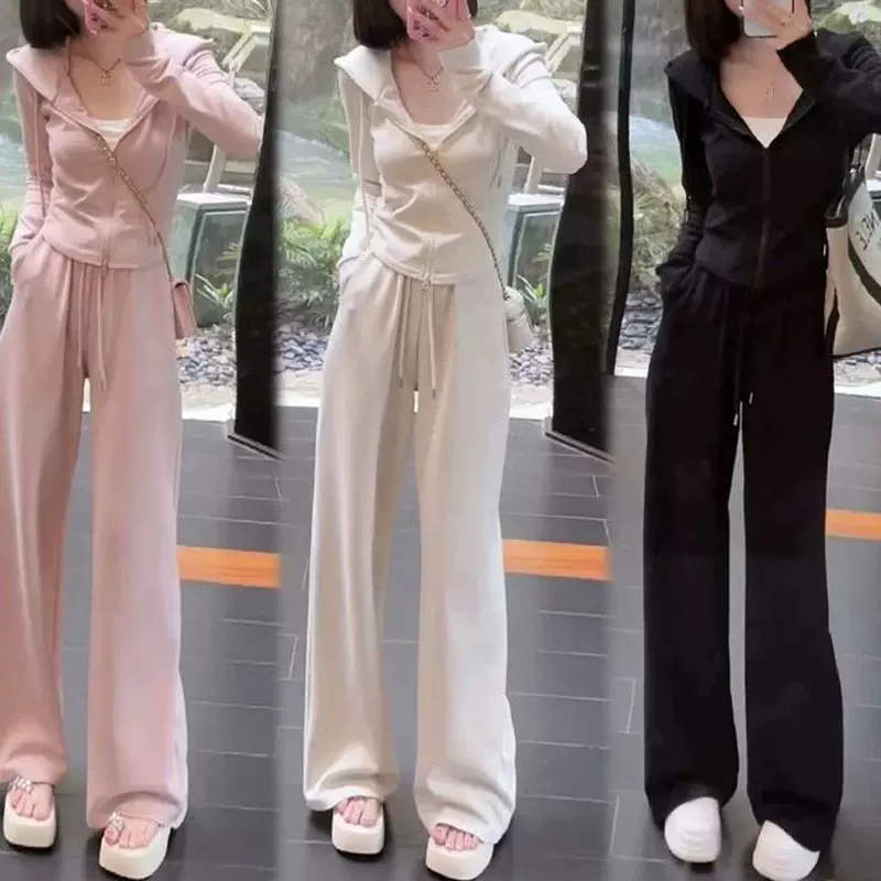 连帽运动套装女春装2025秋季款时尚开衫跑步休闲服阔腿裤两件套潮