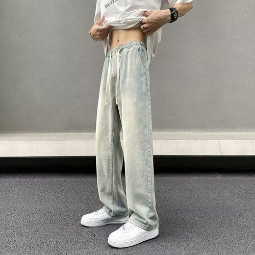 American street style yellow mud dye retro men's summer loose straight leg wide leg pants Instagram trendy brand long pants