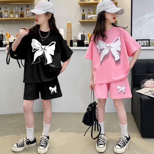 Girls Butterfly Knot Short Sleeve Shorts Set 2025 Summer Outfit for Middle and Large Children Summer Casual Sportswear
