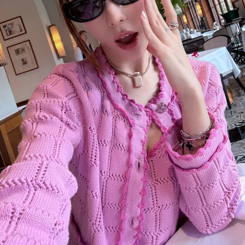 "Small Chanel Plaid" Cotton Hollow-Out Lace Trim 3/4 Sleeve Knit Cardigan + Camisole "Small Chanel Plaid" Cotton Hollow-Out Lace Trim 3/4 Sleeve Knit Cardigan + Camisole