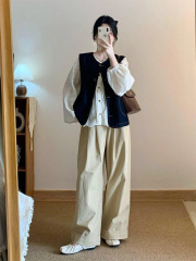 大码胖mm早秋季穿搭一整套女宽松遮肉衬衫马甲阔腿裤减龄三件套装