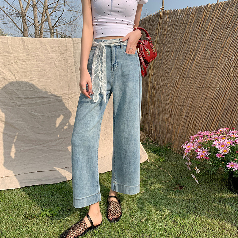 Four-sided Elastic Straight-leg Jeans Slim-fit Narrow Women's Spring 2025 New Loose High Waist Short Cropped Wide-leg Pants