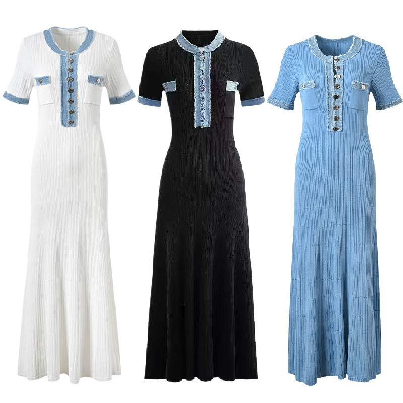 Women's Summer Elegant Dress Denim Patchwork Long Dress with Buttons Round Neck Knitted Dress Long Style French Resort Style Women's Summer Elegant Dress Denim Patchwork Long Dress with Buttons Round Neck Knitted Dress Long Style French Resort Style