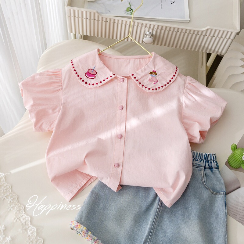 Girls' Western Style Lace Embroidered Doll Shirt Korean Style Sweet All-match Puff Sleeve Top Women's Baby Short Sleeve Shirt Cotton
