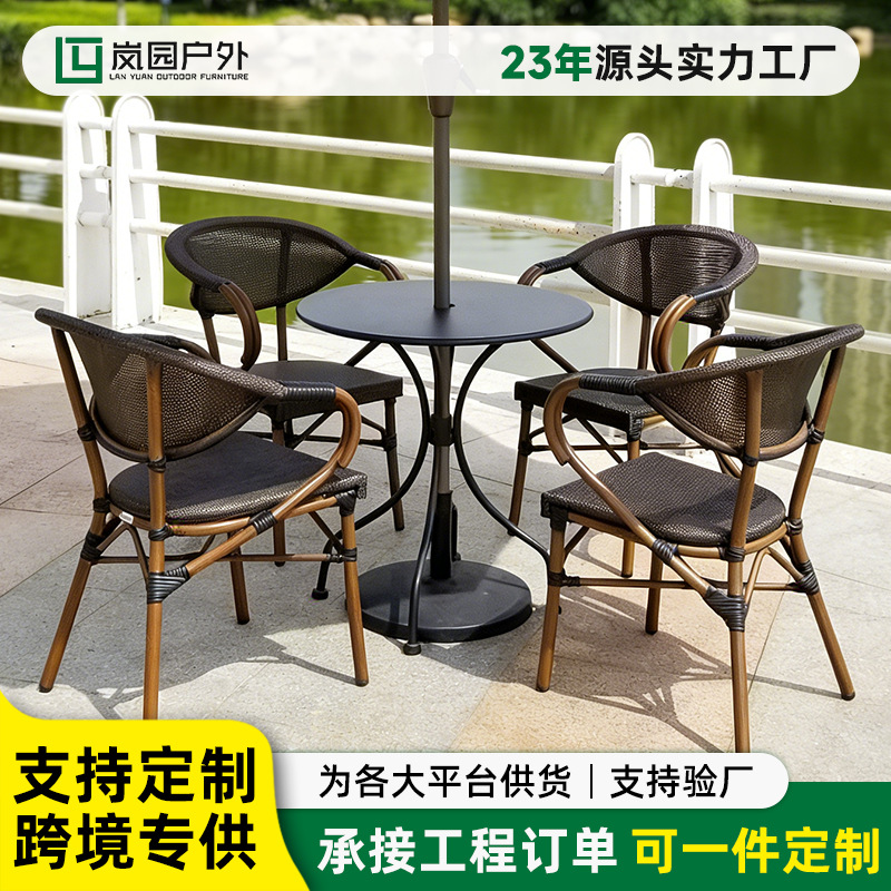 Outdoor Patio Rattan Tables and Chairs, Outdoor Cafe Plastic-Wood Dining Chairs, Hotel Terrace, B&B Balcony Rattan Tables and Chairs