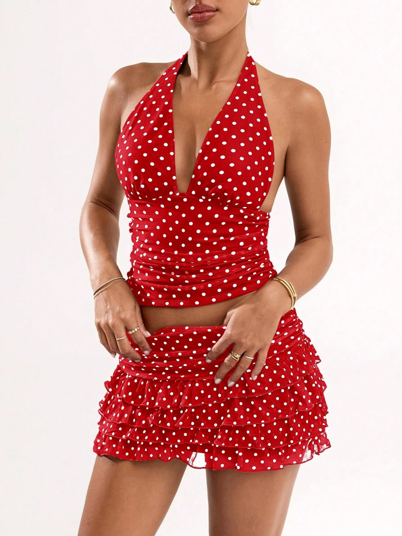 Completo donna top allacciato al collo pois e gonna volant_voghion.com