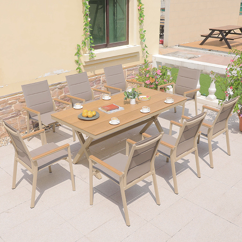 8 * silla de malla de Tek + mesa larga de madera plástica 220 * 90cm