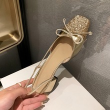 仙女风亮片粗跟玛丽珍鞋蝴蝶结礼服高跟鞋半包头凉鞋女款2024新款