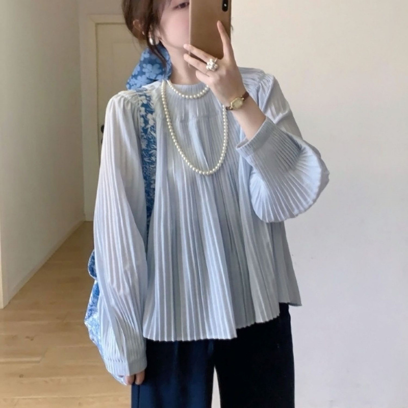 Light Blue Accordion Pleated Round Neck Long-Sleeved Shirt for Work Clothing, Unique and Beautiful Design Top 2025 Autum Light Blue Accordion Pleated Round Neck Long-Sleeved Shirt for Work Clothing, Unique and Beautiful Design Top 2025 Autum