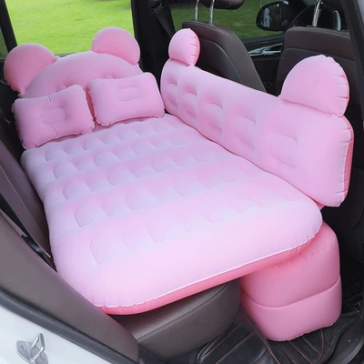 mats, small cars, SUVs, rear | Vehicle-mounted inflatable bed - default-item-thickened-bear-shaped-side-protection-headrest-with-flocking-pink-double-footrest-comes-with-12v-electric-vehicle-pump