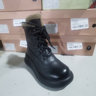 Genuine Leather Thick-soled Snow Boots Women's Thickened Winter New Non-slip Top-layer Cowhide Mid-tube Boots Warm fleece-lined Martin Boots