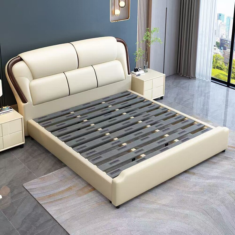 Leather Bed 1.8m Double Bed Modern Minimalist Master Bedroom Wedding Bed 1.5m Italian Style Solid Wood Leather Bed with Air Pressure Storage