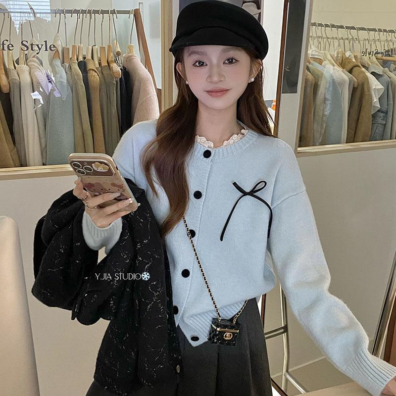 韩系小香风甜美蕾丝花边针织开衫时尚蝴蝶结绑带百搭减龄毛衣外套|undefined