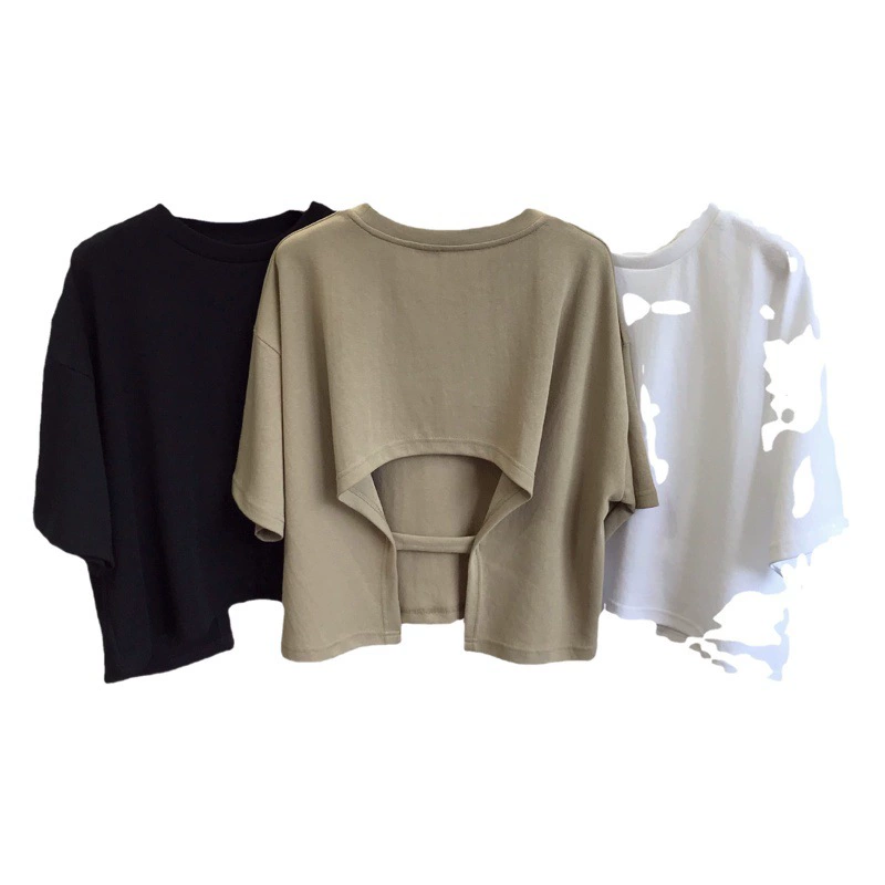 Короткая футболка с открытой спиной для женщин, сладкий и пряный корейский стиль, новинка лета 2024 года, свободный топ с круглым вырезом и короткими рукавами для женщин, модный