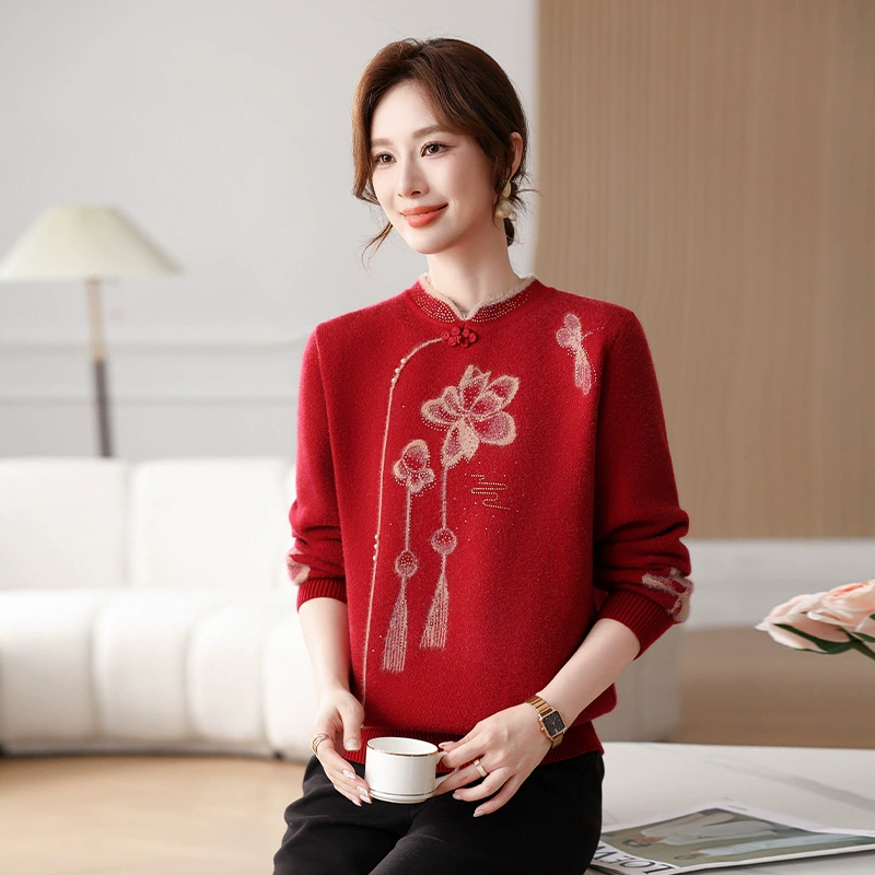 Свитер для мамы с весенней бархатной рубашкой для женщин среднего возраста, цельный бархатный красный топ для женщин среднего и пожилого возраста.