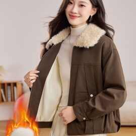 美拉德复古翻领加绒外套女秋冬2025新款加厚保暖冰服短款夹克上衣