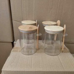 丸型直筒ガラス瓶 竹蓋付き スプーン付き 透明保存瓶 防湿調味料瓶 穀物乾物密封 防湿密封