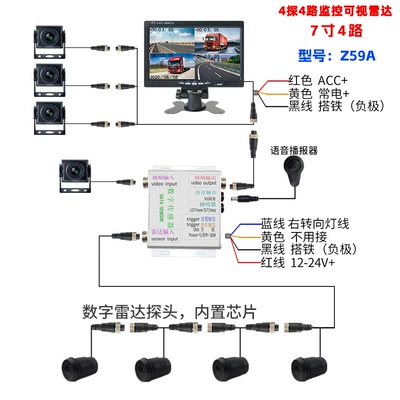 Truck reversing camera display high-definition 12V24V harvester 7inch dashcam four-way monitoring radar (Park radarı) - z59a-7-inch-4-channel-4-sensor-truck-monitoring-visual-radar-integrated-device