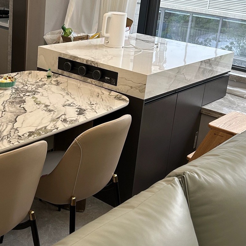 Ventana mirador, plataforma de isla única, mesa de comedor contra la pared, gabinete integrado, losa de roca multifuncional, plataforma de guía central separada, venta directa de fábrica de piedra de lujo