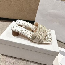 D字母真丝绸缎刺绣粗跟拖鞋外穿女百搭一字拖圆跟休闲方头凉拖鞋