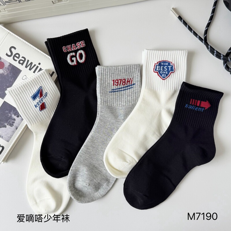 Aidida Youth Socks, Teen Socks, Versatile Wholesale Boys' Socks, Solid Color Simple Letter Student Socks, Combined Link