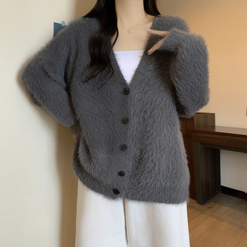 秋冬水貂绒慵懒风新款大码保暖针织开衫毛衣女生休闲名媛街拍外套|undefined