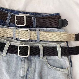 Korean Style Non-perforated Square Buckle Belt Fashionable Retro Woven Single Loop Non-perforated Belt Canvas All-match for Men and Women