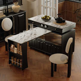 美式复古移动岩板岛台餐桌法式家用小户型餐厅旋转一体式餐桌组合