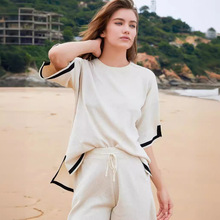 2024新款女式夏季2件套毛衣套装针织套头上衣阔腿短裤运动服套装