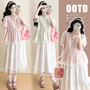 Maternity Wear 2025 New Summer Style Sweet Lace Splicing Flower Button Shirt + Lace Splicing Skirt Two-Piece Set