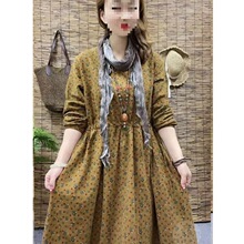 棉麻碎花连衣裙收腰民族风宽松显瘦春秋新款中长款长袖长裙子