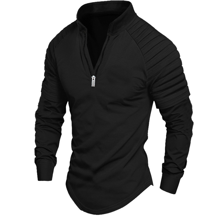 Monochrome Man- New Spring Autumn European American Men's Casual Daily Long Sleeve Polo Shirt With Arm Pleats And Zipper_voghion.com