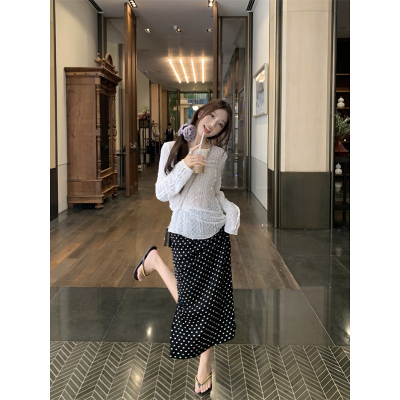 Lace Solid Color Micro-transparent Round Neck Base Shirt Top Long Sleeve Polka Point Split Skirt Long Skirt
