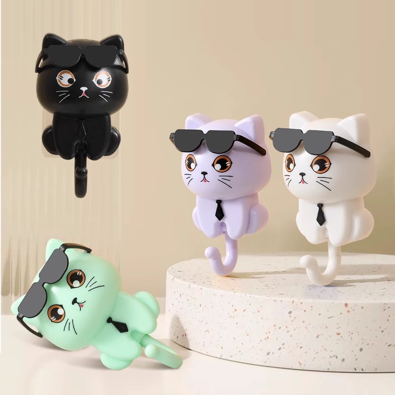 创意卡通衣钩钥匙卡通可爱黑猫衣帽粘钩免孔强力眼睛转动猫咪挂钩|undefined