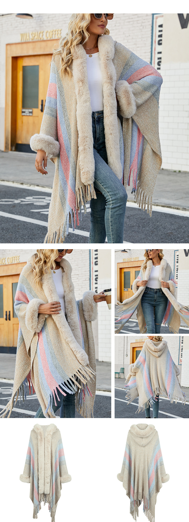 Cape à capuche châle à franges en tricot rayé pour femme_voghion.com