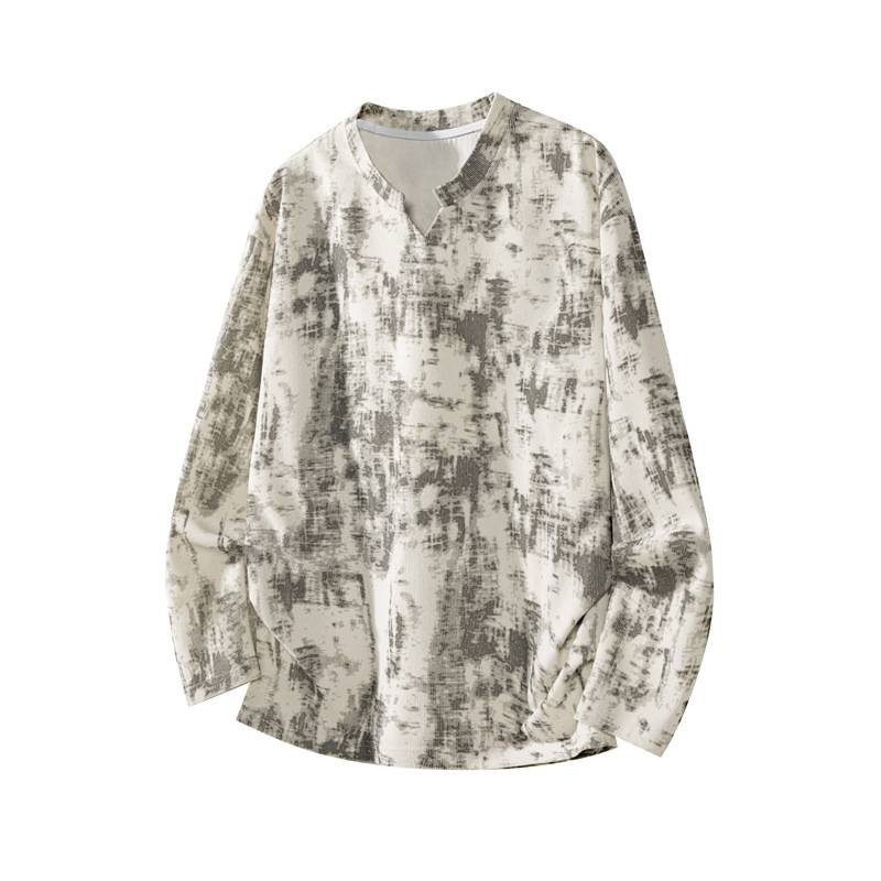 Corduroy Tie-dye V-neck Long-sleeve Men's T-shirt, Autumn Niche Design, Base Layer Shirt, American Retro Top_voghion.com