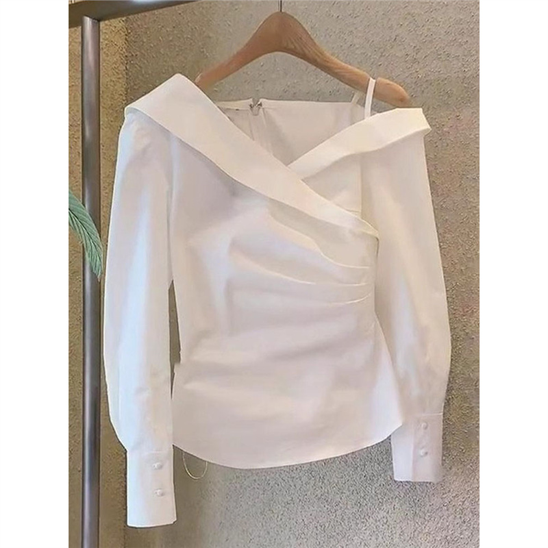 White V-neck Shoulder Long-sleeved Spring Shirt Women's 2025 New Spring Design Sense Niche Base Shirt Top