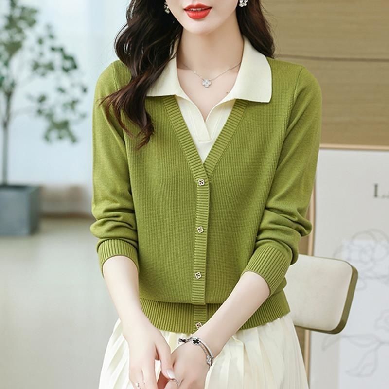 Falsas dos piezas de polo de cuello jersey suéter de mujer otoño y invierno nuevo color de alto grado caliente coreano corto top