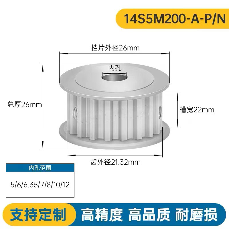 S5M14齿 两面平同步轮 槽宽22 AF型 同步皮带轮齿轮铝14S5M200-A
