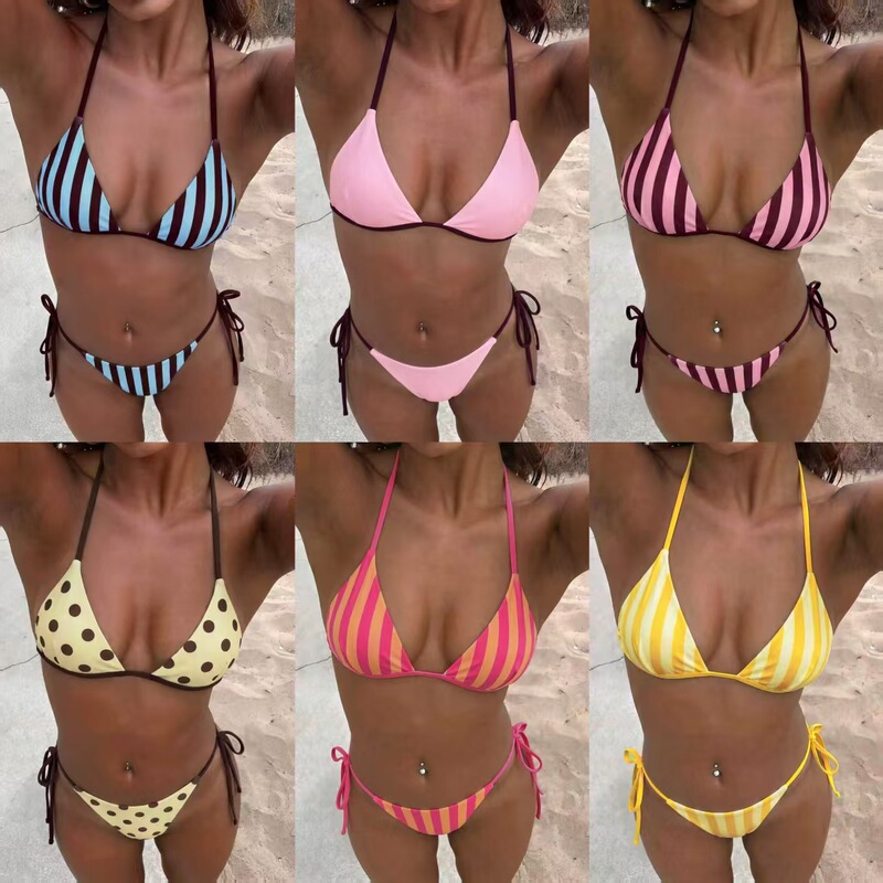 Multi-color striped polka dot bikini with halter neck, triangle cup, and tie-side swim briefs, available in multiple colors, wholesale swimwear Multi-color striped polka dot bikini with halter neck, triangle cup, and tie-side swim briefs, available in multiple colors, wholesale swimwear