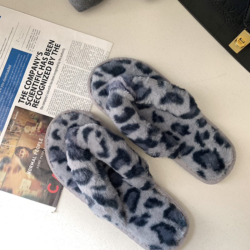 women’s furry leopard-print flip-flops home cotton slippers nihaostyles clothing wholesale NSKJX71218